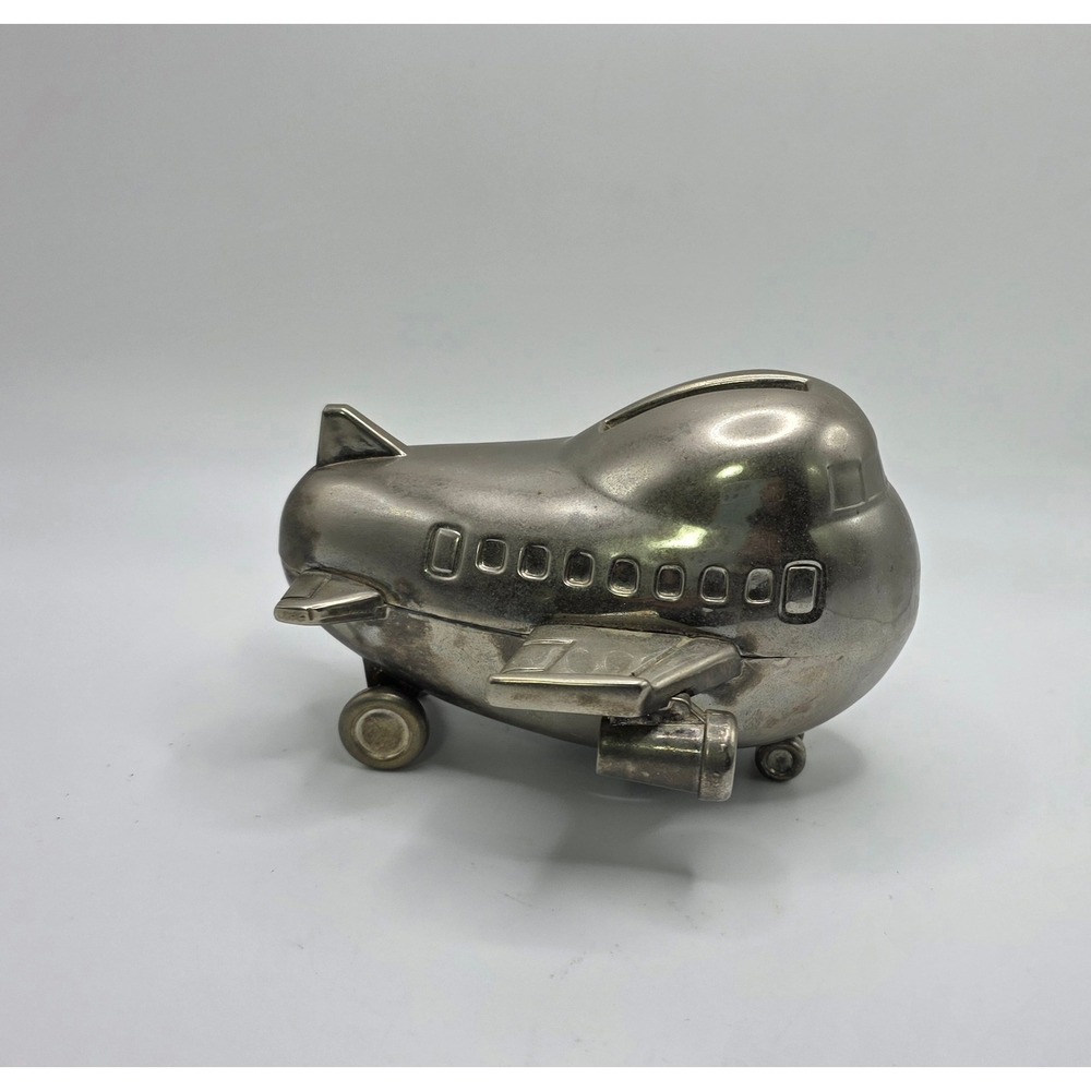 Vintage Silver Metal Airplane Piggy Bank Jumbo Jet Aviation Coin Bank Decor